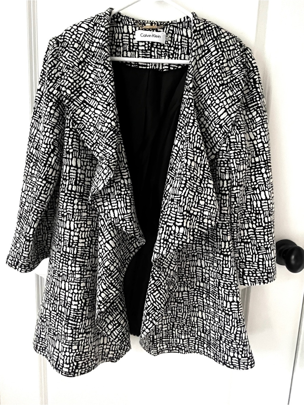 Calvin Klein Black and White Patterned Draped Open-Front Blazer